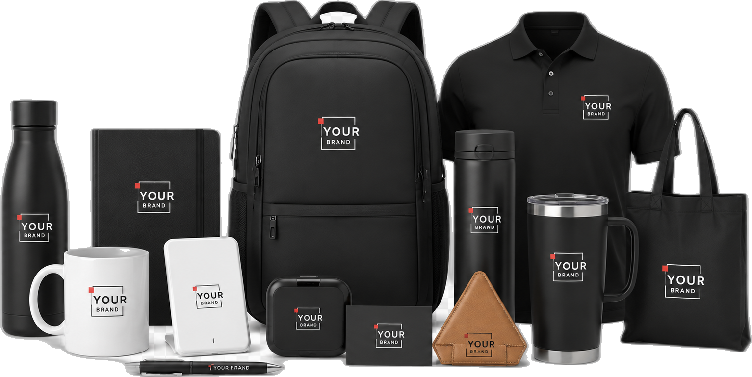 Printigly corporate gifting range — branded bottles, flasks, mugs, diaries, backpack, polo t-shirt and tote bag, all custom-branded with your logo